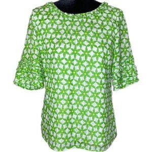 Lilly Pulitzer Green Daisy Pique Blouse Womens 6 Retro Flower Geometric Boho Top
